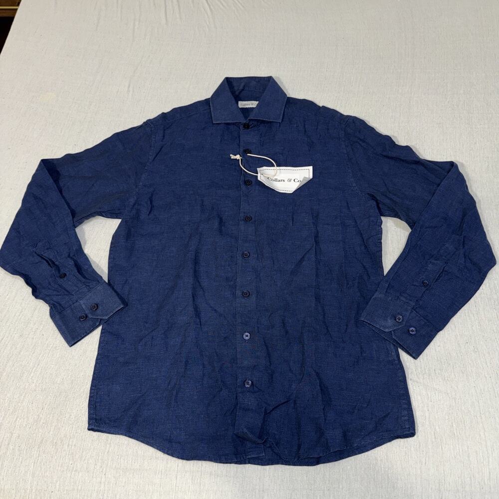 Collars & Co Men Small Blue 100% Linen Long Sleeve Button Up Dress Shirt NWT